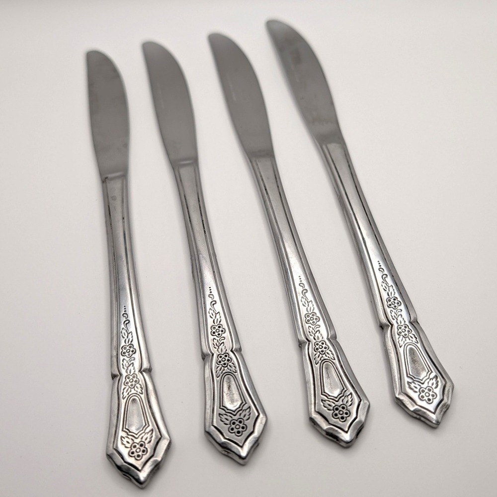 Imperial Stainless Korea IMI27 Dinner Knives Floral Scroll Pattern Set of 4 8"